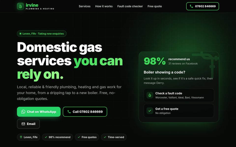 Irvine Plumbing & Heating website on a laptop screen
