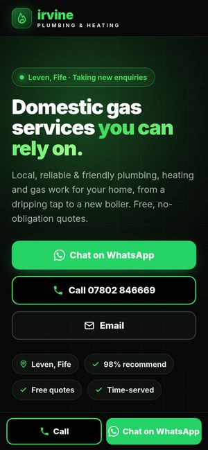 Irvine Plumbing & Heating website on a phone
